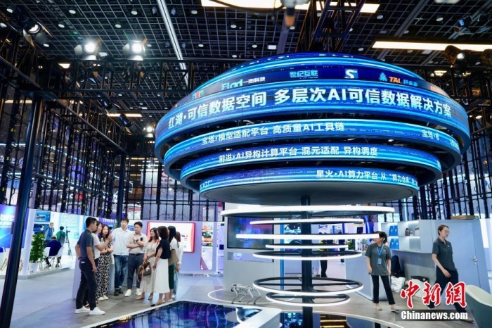 7月3日，2024全球數(shù)字經(jīng)濟大會數(shù)字經(jīng)濟沉浸式體驗區(qū)及新技術(shù)、新產(chǎn)品發(fā)布區(qū)吸引參觀者。<a target='_blank' href='/'>中新社</a>記者 陳芳婷 攝