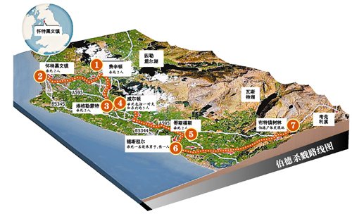 槍殺案示意圖，槍手在若干個地方向不同的人開槍